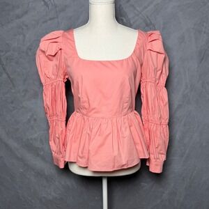 Hyacinth House XS Coral Puff Sleeve Square Neck Coquette Romantic Peplum Top
